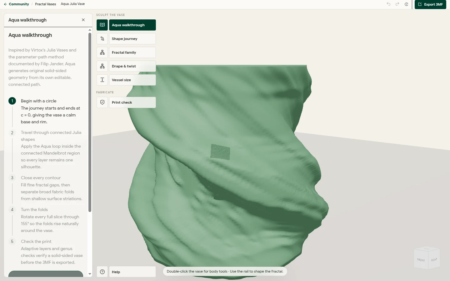 Fractal Vase Lab showing a green draped Ikebana vessel generated from a Julia path.