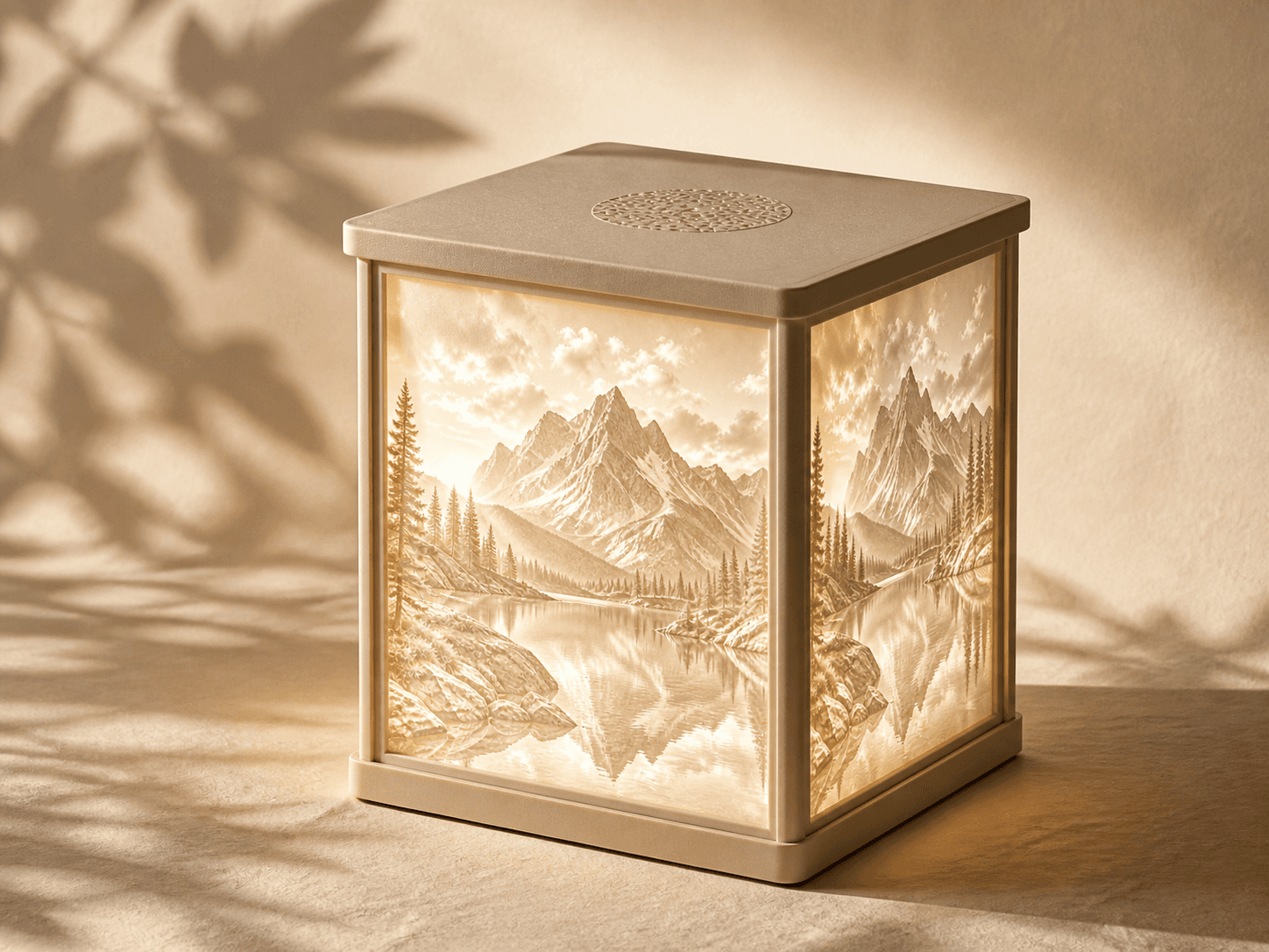Lithophane Lamp Maker showing a warm ivory lamp glowing with mountain and lake photo panels.