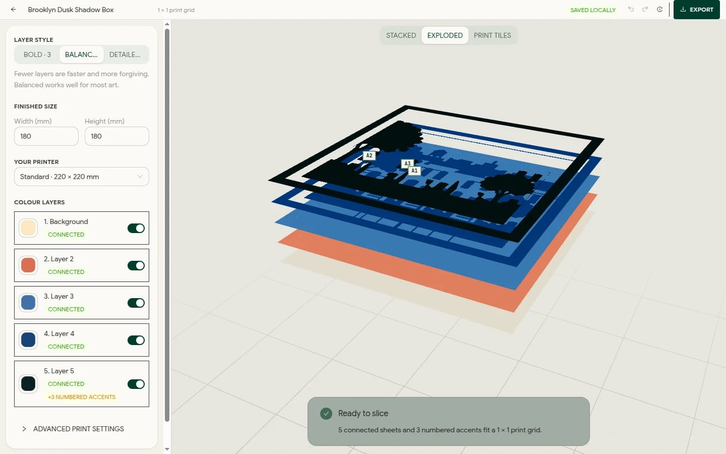 Shadow Box Studio showing Brooklyn Dusk separated into printable layers.
