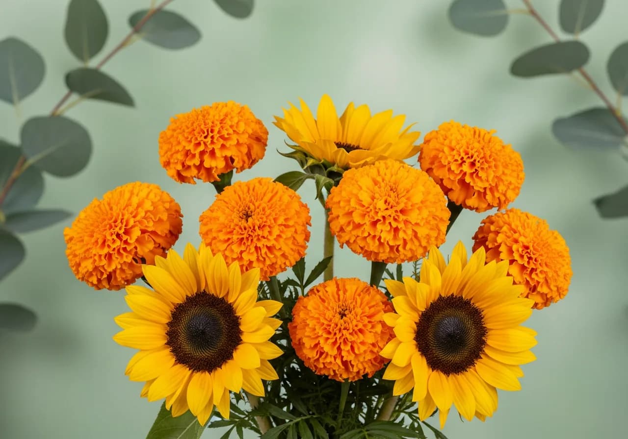 Sunflowers and marigolds in a seasonal arrangement