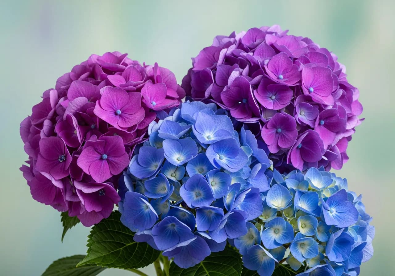 Blue and violet hydrangeas in soft light